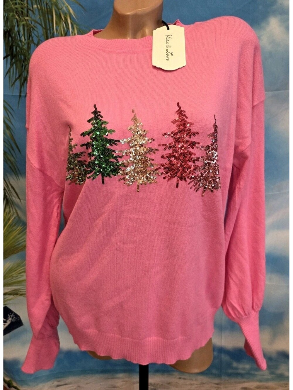 Vine & Love Pink Sequin Christmas Tree Sweater NWT Holiday Balloon Sleeve Sz S